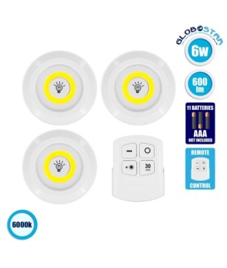 GloboStar® 79044 Φωτιστικά Νυκτός Μπαταρίας LED COB 6W 600lm με Timer & Ασύρματο Χειριστήριο RF - ΣΕΤ 3 Τεμαχίων Ψυχρό Λευκό 6000K
